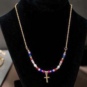 Colorful Beaded Cross Necklace, Christian Faith Jewelry, Coquette Boho Y2K